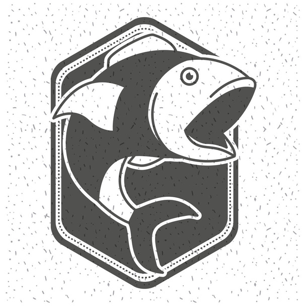 fondo blanco con brillo de escudo de silueta monocromática emblema con pez boca grande abierta
 - Vector, imagen