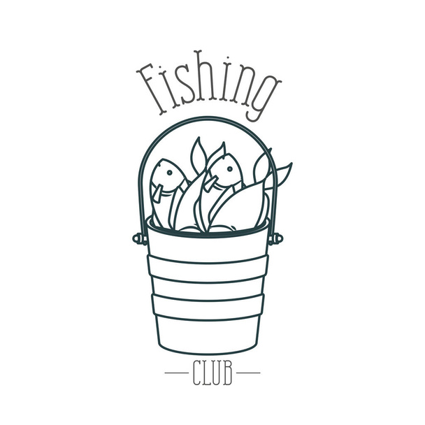 monochrome croquis silhouette seau plein poisson et logo club de pêche
 - Vecteur, image