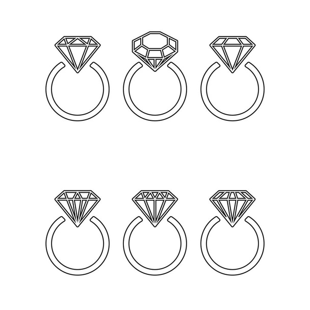 Diamond engagement ring icons with crystals. Vector Illustration. Black circle with shiny brilliant stone. isolated on white background.Flat fashion design element. Symbol engagement, gift,expensive. - Vector, Image