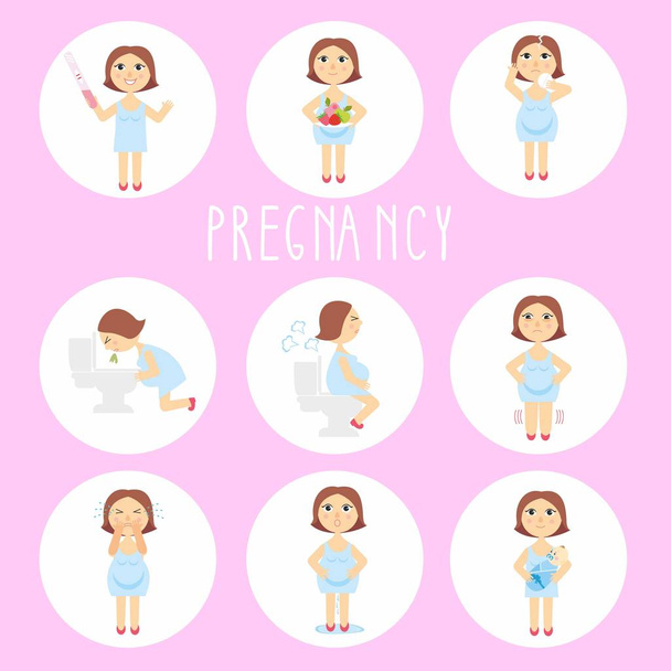 Vektor Illustration Anzeichen von Schwangerschaftssymptomen - Toxämie der Schwangerschaft, Schwellungen, emotionale Instabilität, Magenprobleme. Mutter und Baby. isoliert auf weißem Hintergrund - Vektor, Bild