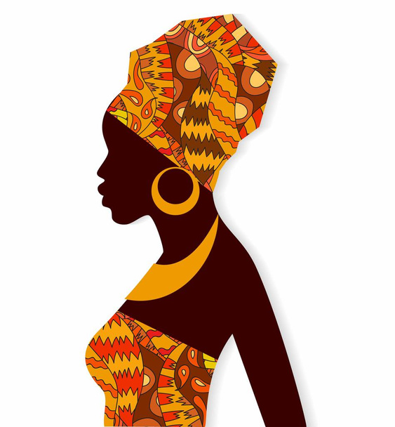 Silhouette of African girls in bright colored turban on her head in profile with earrings. - Vector, Image