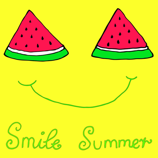 Boldog szeletelt szelet görögdinnye, örömteli mosoly, elszigetelt sárga b - Vektor, kép