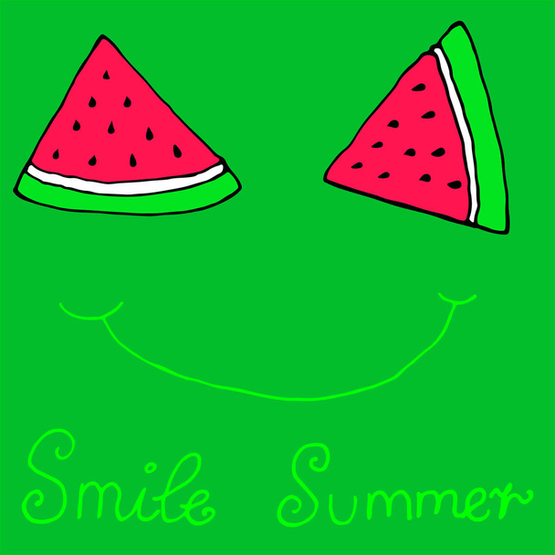 Cute sliced  slices watermelon smile,winking, isolated green bac - Vector, Image