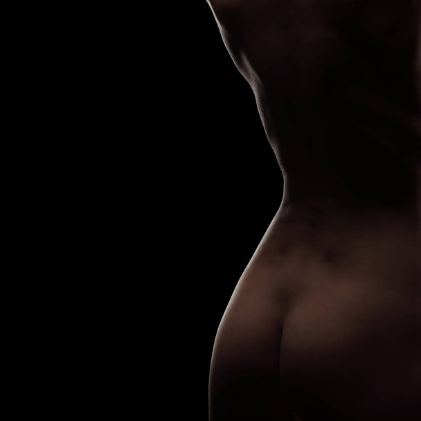 Sexy nude woman body over black studio background, backside - Photo, Image