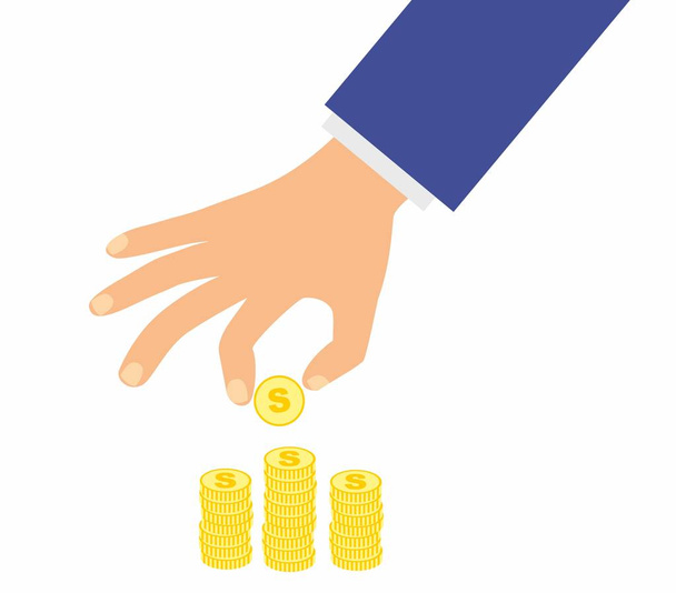 La mano del hombre de negocios sostiene la moneda de oro y pilas con monedas en el fondo blanco vector ilustración en diseño plano
. - Vector, Imagen