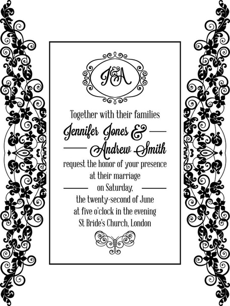 Elegant floral swirls, lacy pattern ornate frame, monogram and place for text. Wedding invitation in classical formal style in black and white. - Vector, Image