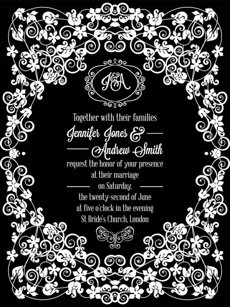 Elegant floral swirls, lacy pattern ornate frame, monogram and place for text. Wedding invitation in classical formal style in black and white. - Vector, Image