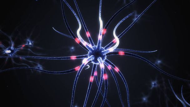 Sinir hücreleri için elektrik impulslarinin iletimi. 3D çizim - Fotoğraf, Görsel