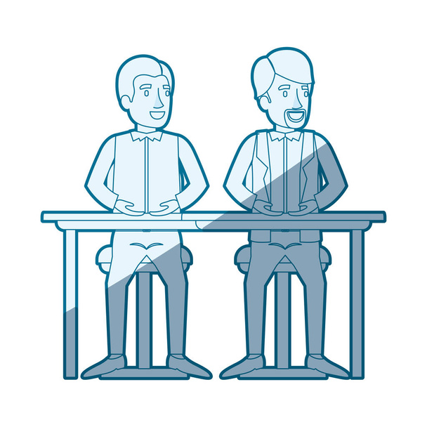 синий затеняющий силуэт с мужчинами, сидящими за столом один в повседневной одежде, а другой в формальной одежде и с бородой Ван Дайка
 - Вектор,изображение