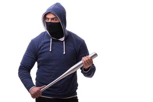 Young man hooligan with baseball bat isolated on white - Photo, Image