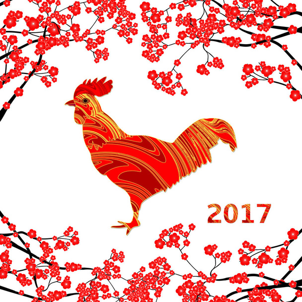 Chinese New Year vector card with red rooster and red plum bloss - Vector, Image