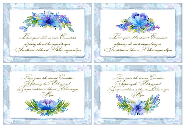 Set of cards for your design with blue watercolor flowers. - Photo, Image