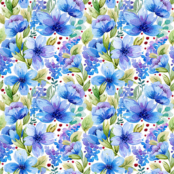 Seamless pattern with watercolor leaves and blue flowers. - Photo, Image