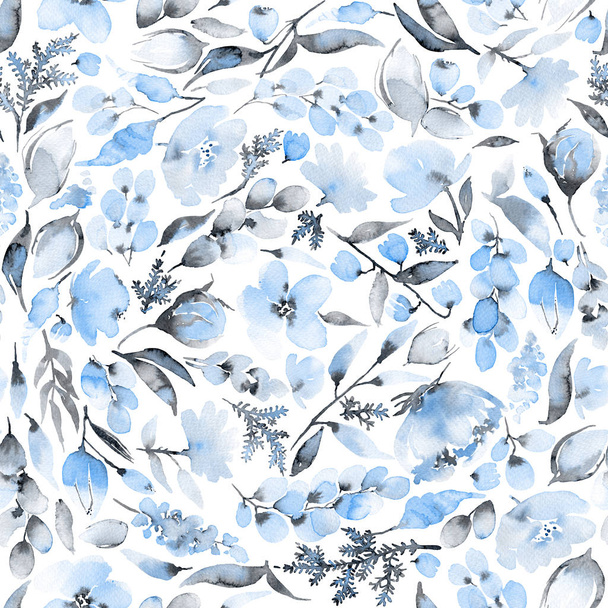Varrat nélküli mintát akvarell levelek és kék virágok. - Fotó, kép