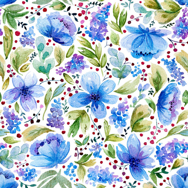 Seamless pattern with watercolor leaves and blue flowers. - Photo, Image