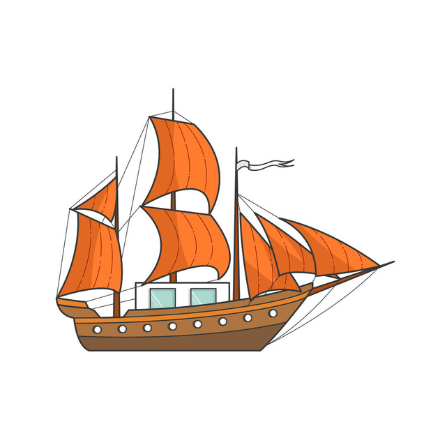 Color ship with orange sails in the sea. Sailboat on waves for trip, tourism, travel agency, hotels,vacation card,banner - Vector, Image