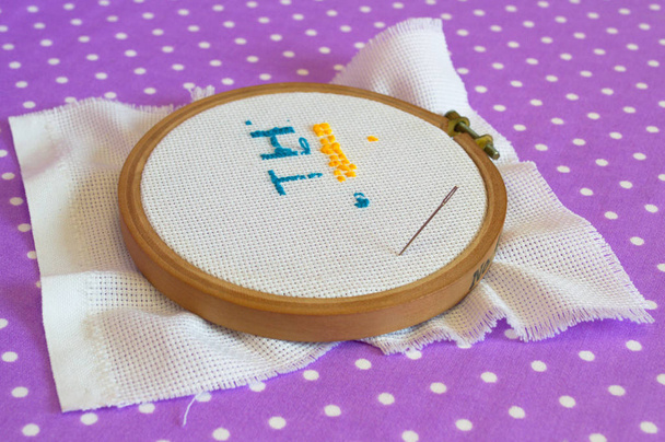 The embroidery hoop with canvas print, the needle, child to learn to embroider  - Photo, Image