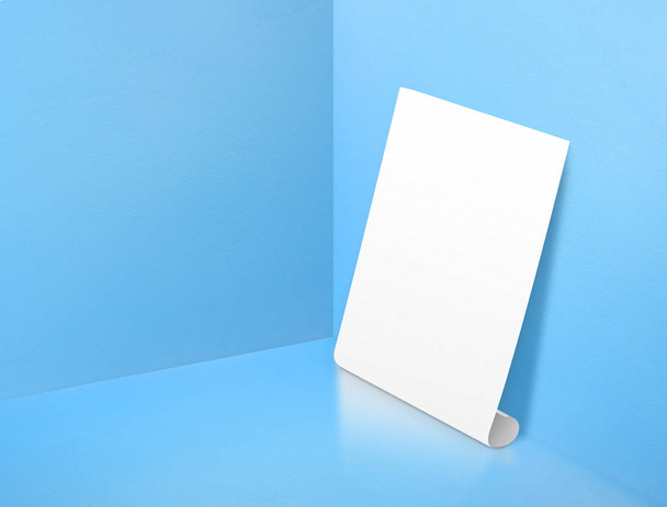 Blank white rolling poster at corner painted pastel blue color s - Photo, Image