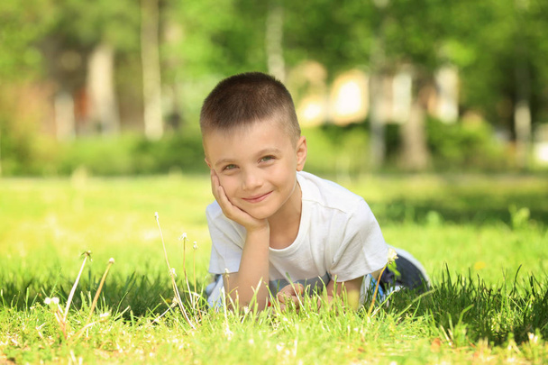 Cute little boy lying on green grass in park - Fotografie, Obrázek