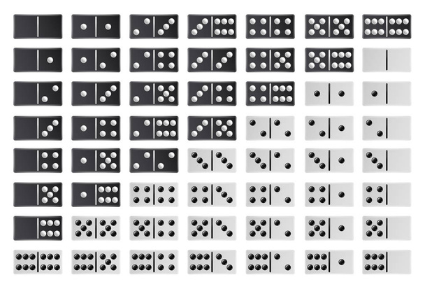 Domino voller großer Set-Vektor. Schwarz-weiße Farbe. Realistische Dominosteine sammeln sich vereinzelt auf weiß. 28 Stück für Spiel - Vektor, Bild