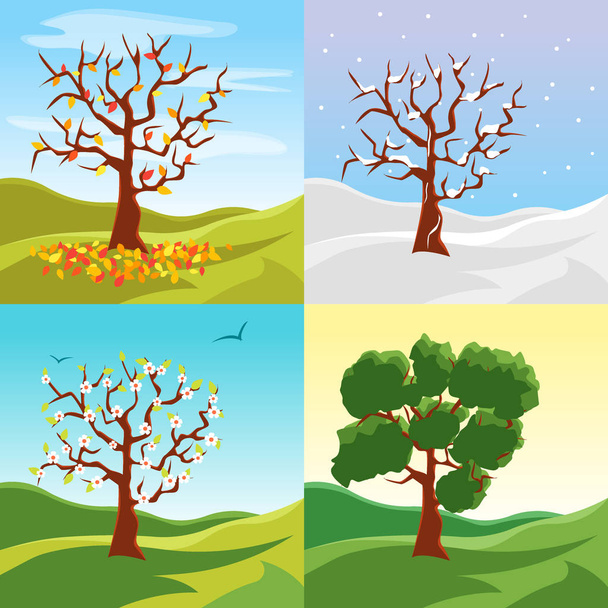 Cartoon Tree Seasons Set on a Nature Landscape Background. Vector - Vetor, Imagem
