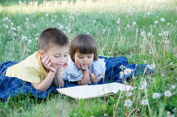 Children reading book in park lying on stomach outdoor among dandelion in park, cute children education and development. Back to school concept - Φωτογραφία, εικόνα
