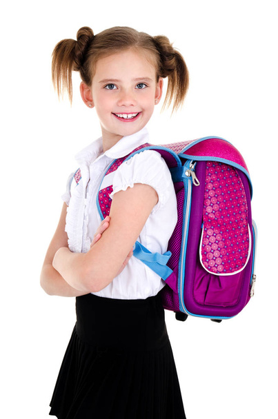 Portrait of smiling happy school girl child with backpack - 写真・画像