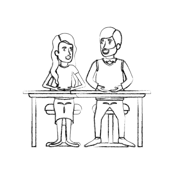 расплывчатый силуэт командная работа пары, сидящей за столом, и женщины с волнистыми длинными волосами и мужчина Ван Дайк волосы в формальном костюме
 - Вектор,изображение