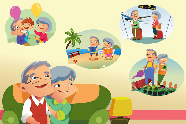 Couple de personnes âgées songeant aux activités de retraite
 - Vecteur, image