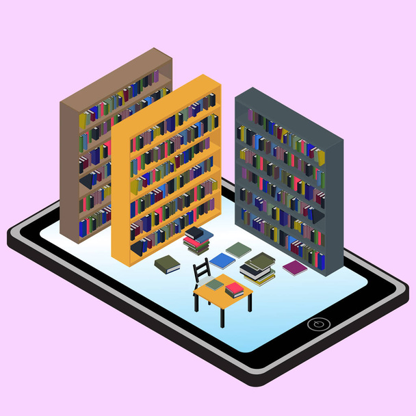 Izometrické infografiku o knihovnách a informace v mobil - Vektor, obrázek