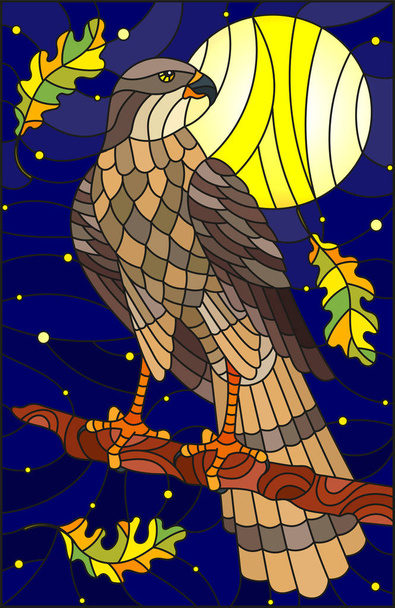 Illustration in stained glass style with fabulous Falcon sitting on a tree branch against the sky and moon - Vector, Image