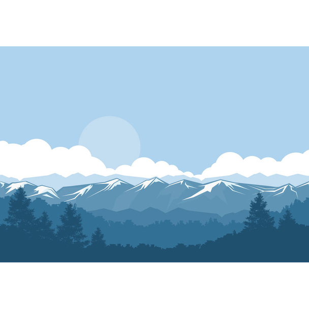 山と雪に覆われたピークを持つ森霧の風景 - ベクター画像
