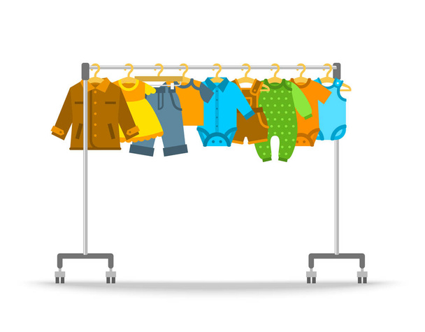 Ρούχα του μωρού σε ράφι κρεμάστρα επίπεδη απεικόνιση - Διάνυσμα, εικόνα