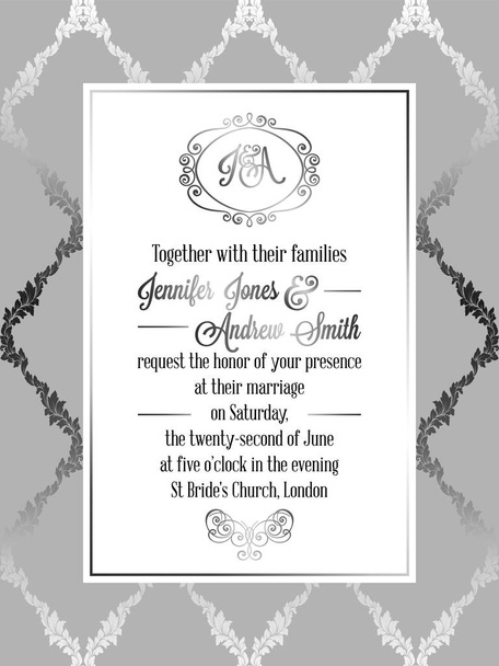 ヴィンテージ バロック様式の結婚式招待状カードのテンプレート.ダマスク織の背景、灰色の背景に、結婚式、銀の装飾のための伝統的な装飾、エレガントなフォーマルなデザイン - ベクター画像