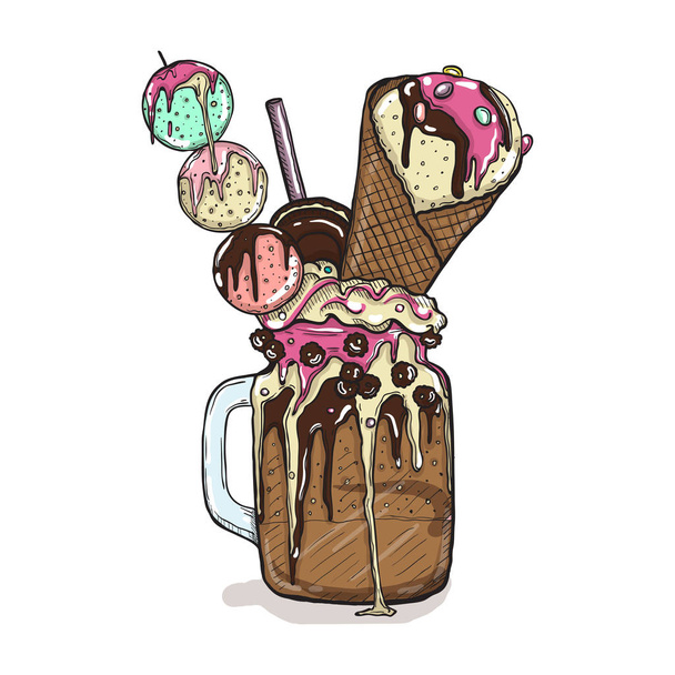 cartoon Style Milkshake with cookies chocolate sweets and ice cream. Hand Drawn Creative Dessert Isolated - Vetor, Imagem