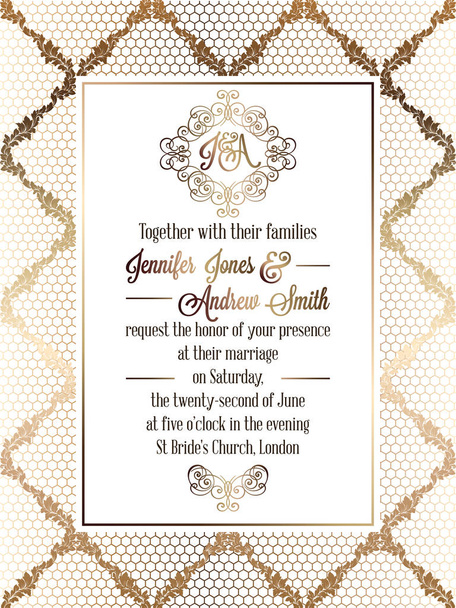 Μπαρόκ στυλ vintage γάμος πρόσκληση πρότυπο κάρτας... Κομψή σχεδίαση τυπικής με δαμασκηνά φόντο, παραδοσιακή διακόσμηση γάμου, χρυσός σε λευκό φόντο - Διάνυσμα, εικόνα