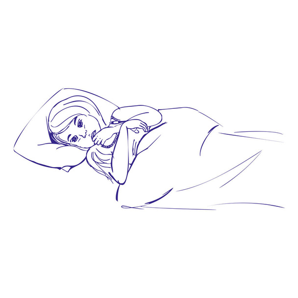 Chora dziewczyna w łóżku odręczny szkic - Wektor, obraz