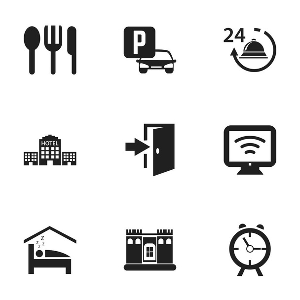 Set Of 9 Editable Motel Icons. Includes Symbols Such As Restaurant, Townhouse, Alarm And More. Can Be Used For Web, Mobile, UI And Infographic Design. - Vector, Image