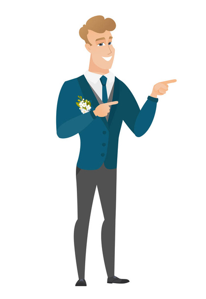 Young caucasian groom pointing to the side. - Vector, afbeelding