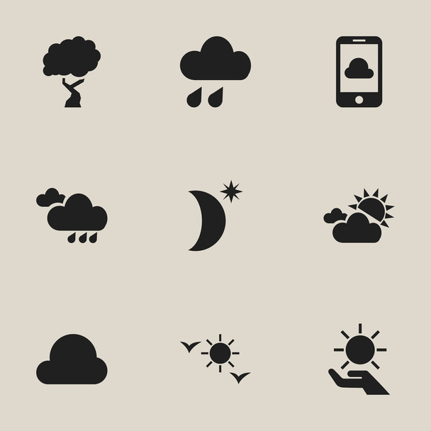 Набор из 9 редактируемых климатических значков. Includes Symbols such as Clouded Sunshine, Timber, Rainy Autumn and More. Can be used for Web, Mobile, UI and Infographic Design
. - Вектор,изображение