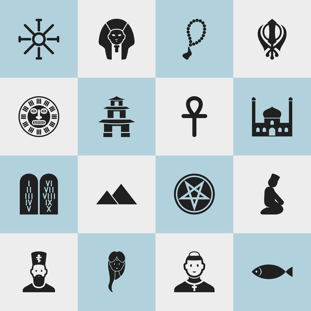 Set de 16 iconos de fe editables. Incluye símbolos como la pagoda, el texto de piedra antigua, el rosario y más. Puede ser utilizado para el diseño de la tela, móvil, interfaz de usuario e infografía
. - Vector, Imagen