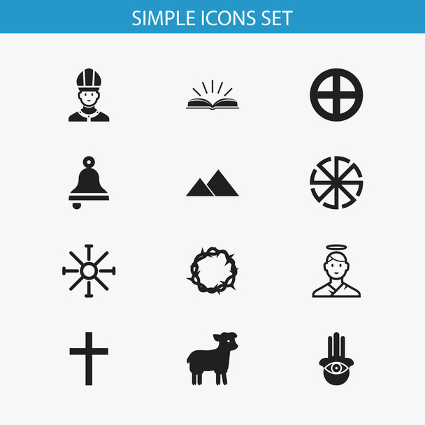 Zestaw 12 ikon można edytować religii. Zawiera symbole, takie jak słoneczna godło, oko na rękę, Chrystus wieniec. Mogą być używane dla sieci Web, mobilnych, interfejsu użytkownika i Infographic Design. - Wektor, obraz