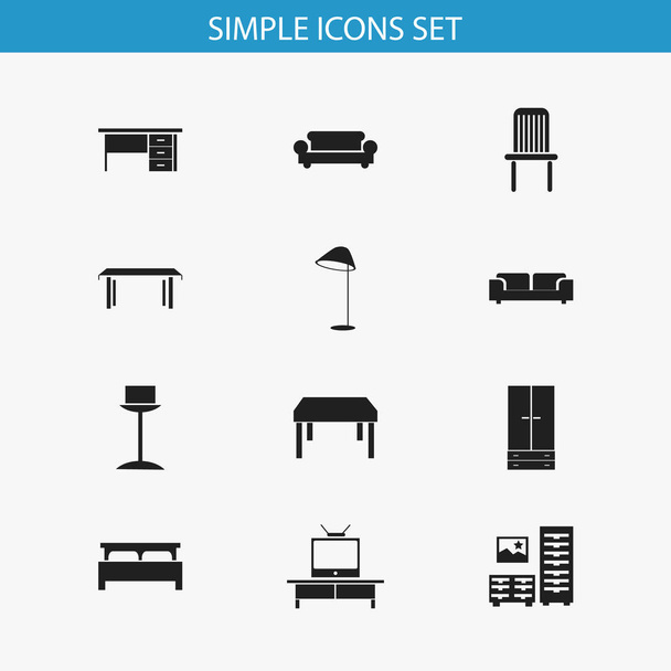 Conjunto de 12 iconos de muebles editables. Incluye símbolos como Stillage, Trestlé, Gabinete y más. Puede ser utilizado para el diseño de la tela, móvil, interfaz de usuario e infografía
. - Vector, imagen