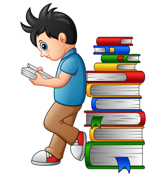 Молодий хлопчик читає з нахилом у стосі книги
 - Вектор, зображення