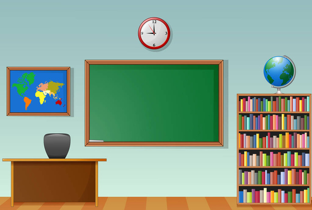 School classroom interior with chalkboard and teacher desk - Vector, Image