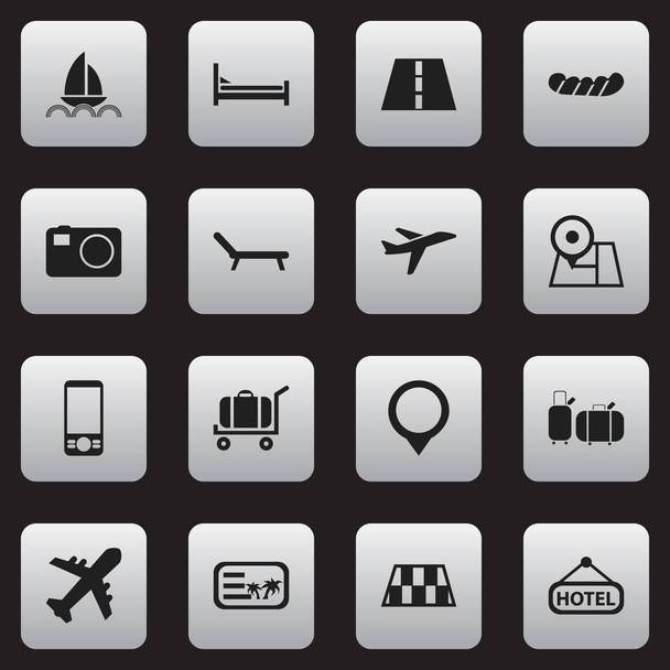 Conjunto de 16 iconos de viaje editables. Incluye símbolos como vacaciones, pin, tomar el sol y más. Puede ser utilizado para el diseño de la tela, móvil, interfaz de usuario e infografía
. - Vector, imagen