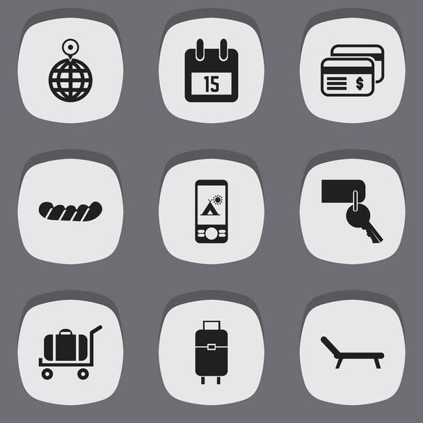 Conjunto de 9 ícones de férias editáveis. Inclui símbolos como banhos de sol, bloco de data, dinheiro de plástico e muito mais. Pode ser usado para Web, Mobile, UI e design infográfico
. - Vetor, Imagem