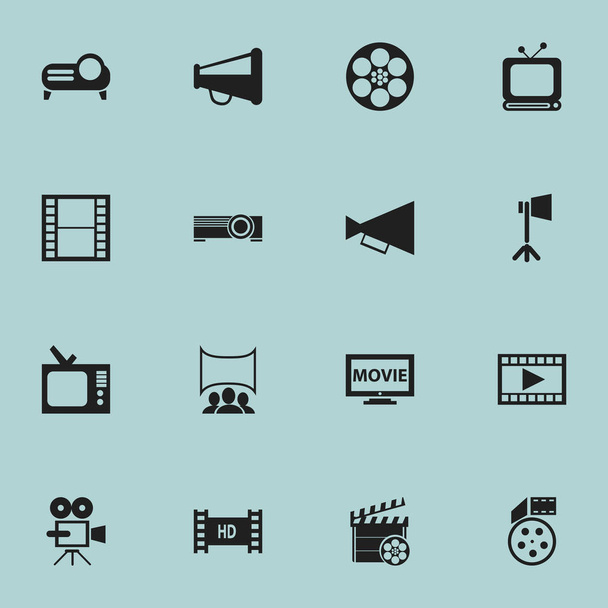 Set de 16 iconos de películas editables. Incluye símbolos como video, carrete, presentación y más. Puede ser utilizado para el diseño de la tela, móvil, interfaz de usuario e infografía
. - Vector, Imagen