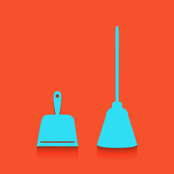 Dustpan vector sign. Scoop for cleaning garbage housework dustpan equipment. Vector. Blue icon with soft shadow putted down on flamingo background. - Vector, Image