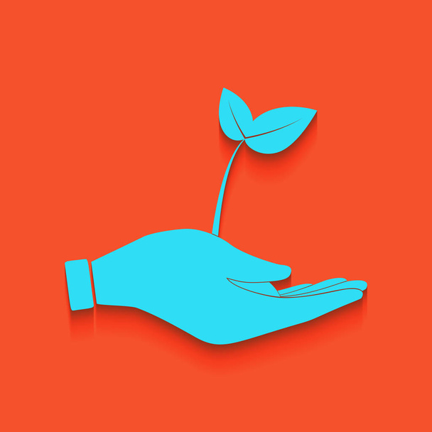 sprout in a hand sign of environmental protection. Vector. Blue icon with soft shadow putted down on flamingo background. - Vector, Image